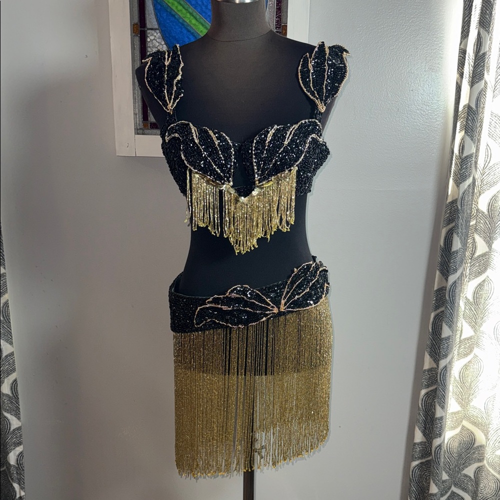 Vintage Beaded & Sequined 2-Piece Showgirl Set - Black & Gold